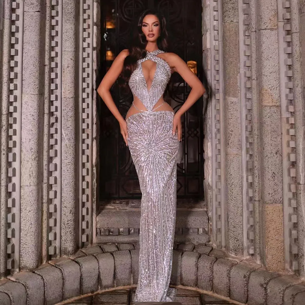 V Neck Sleeveless Sequins Maxi Bodycon Dress HT1099