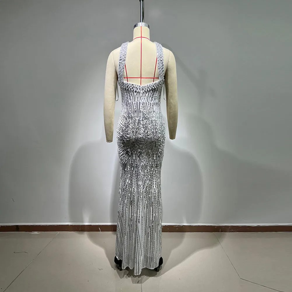 V Neck Sleeveless Sequins Maxi Bodycon Dress HT1099