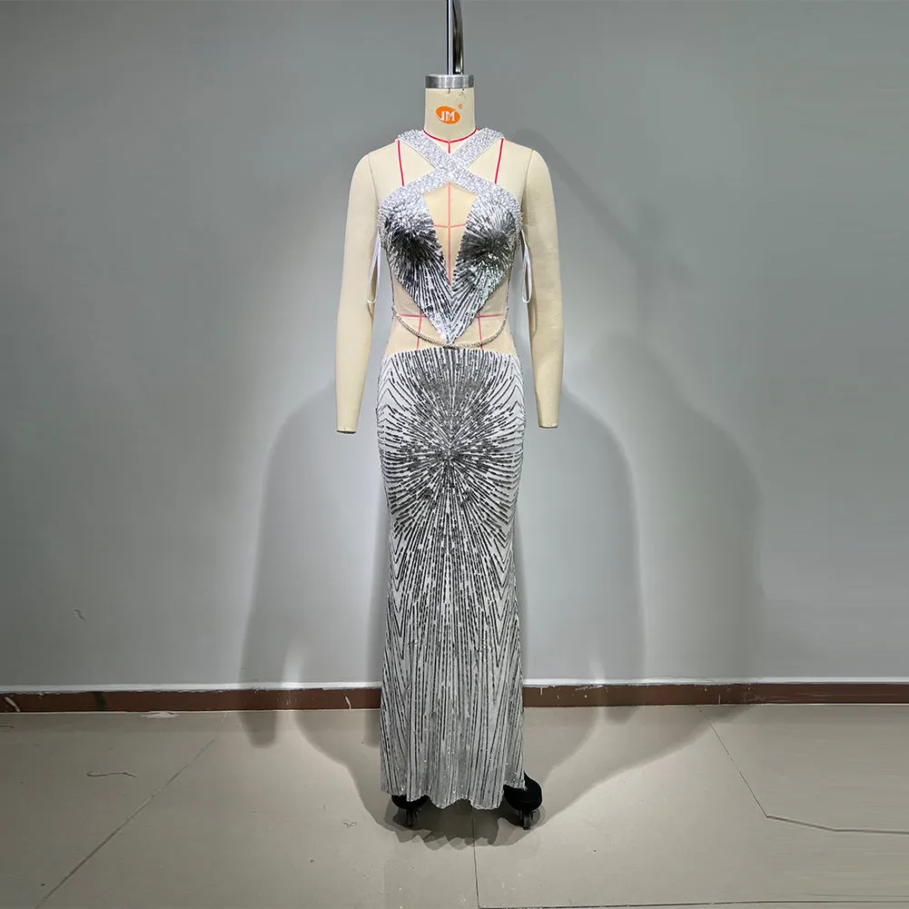 V Neck Sleeveless Sequins Maxi Bodycon Dress HT1099