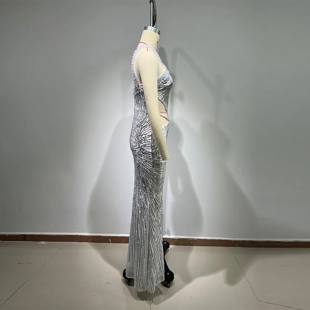 V Neck Sleeveless Sequins Maxi Bodycon Dress HT1099