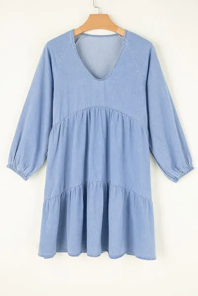 V-Neck Tiered Ruffled Hem Mini Dress