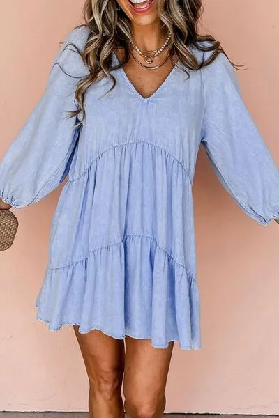 V-Neck Tiered Ruffled Hem Mini Dress