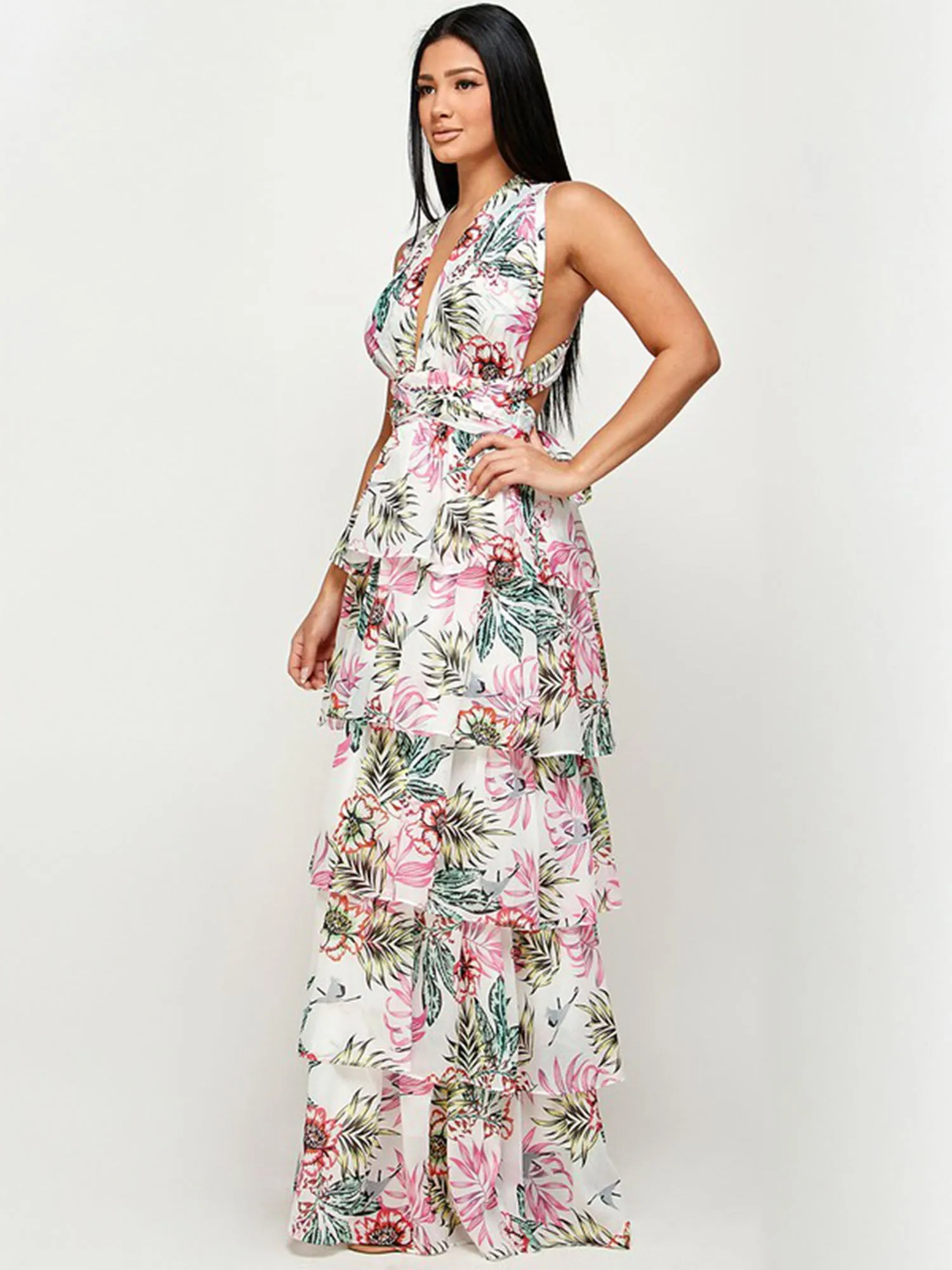 V Neck Tiered Tropical  Fit & Flare Maxi Dress