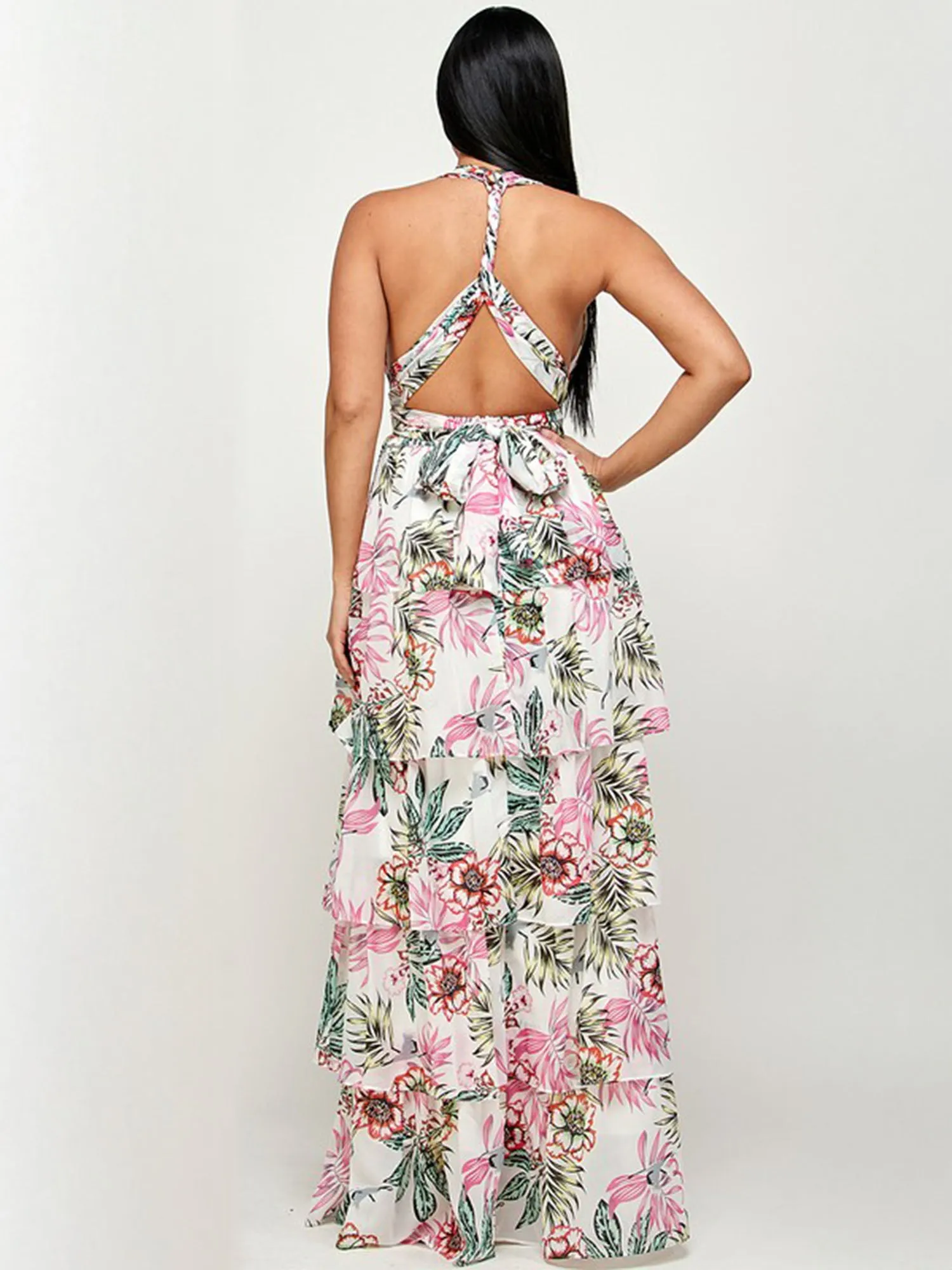 V Neck Tiered Tropical  Fit & Flare Maxi Dress
