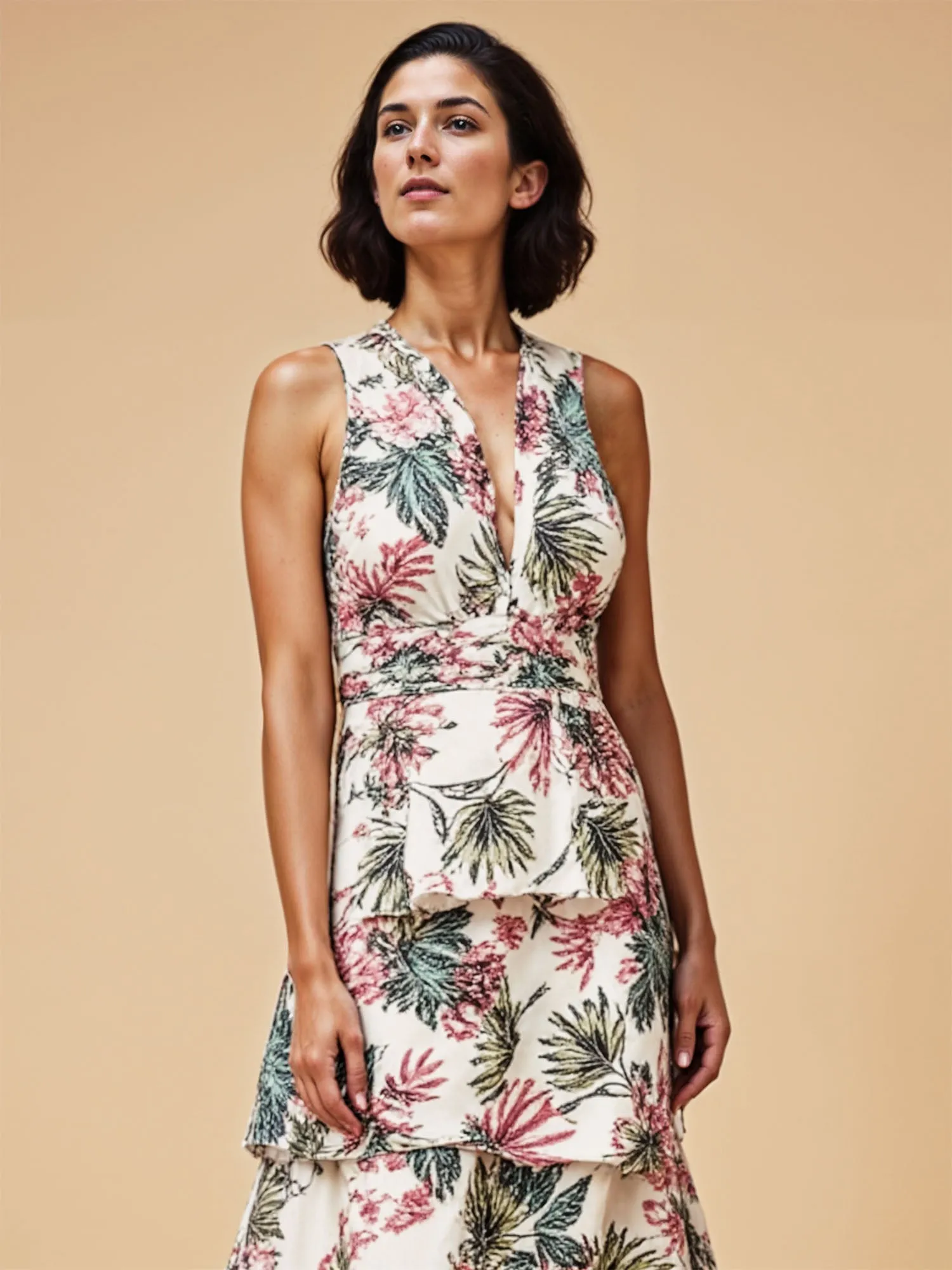 V Neck Tiered Tropical  Fit & Flare Maxi Dress