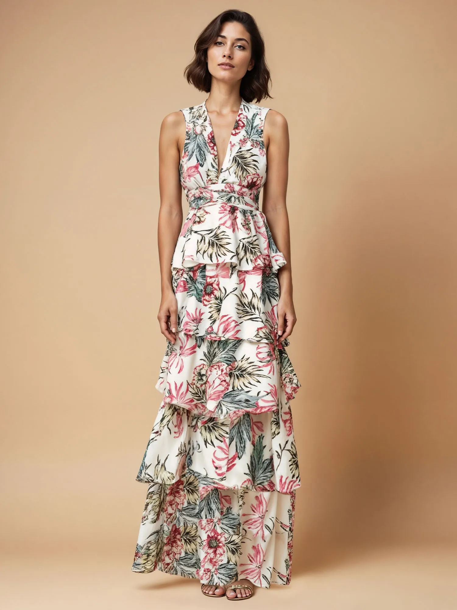 V Neck Tiered Tropical  Fit & Flare Maxi Dress