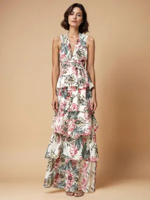 V Neck Tiered Tropical  Fit & Flare Maxi Dress