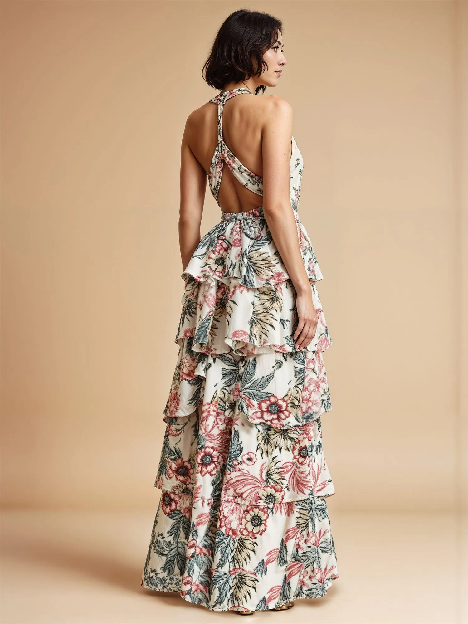 V Neck Tiered Tropical  Fit & Flare Maxi Dress