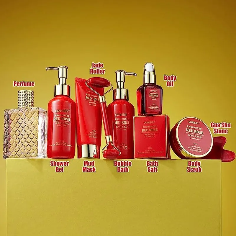 Valentines Day Gifts for Her, Red Rose Valentine Spa Gift Basket Relaxation Gifts for Women, Bath and Body Gift Set Pampering for Mom Birthday with Perfume, Jade Roller, Quartz Gua Sha Stone & More