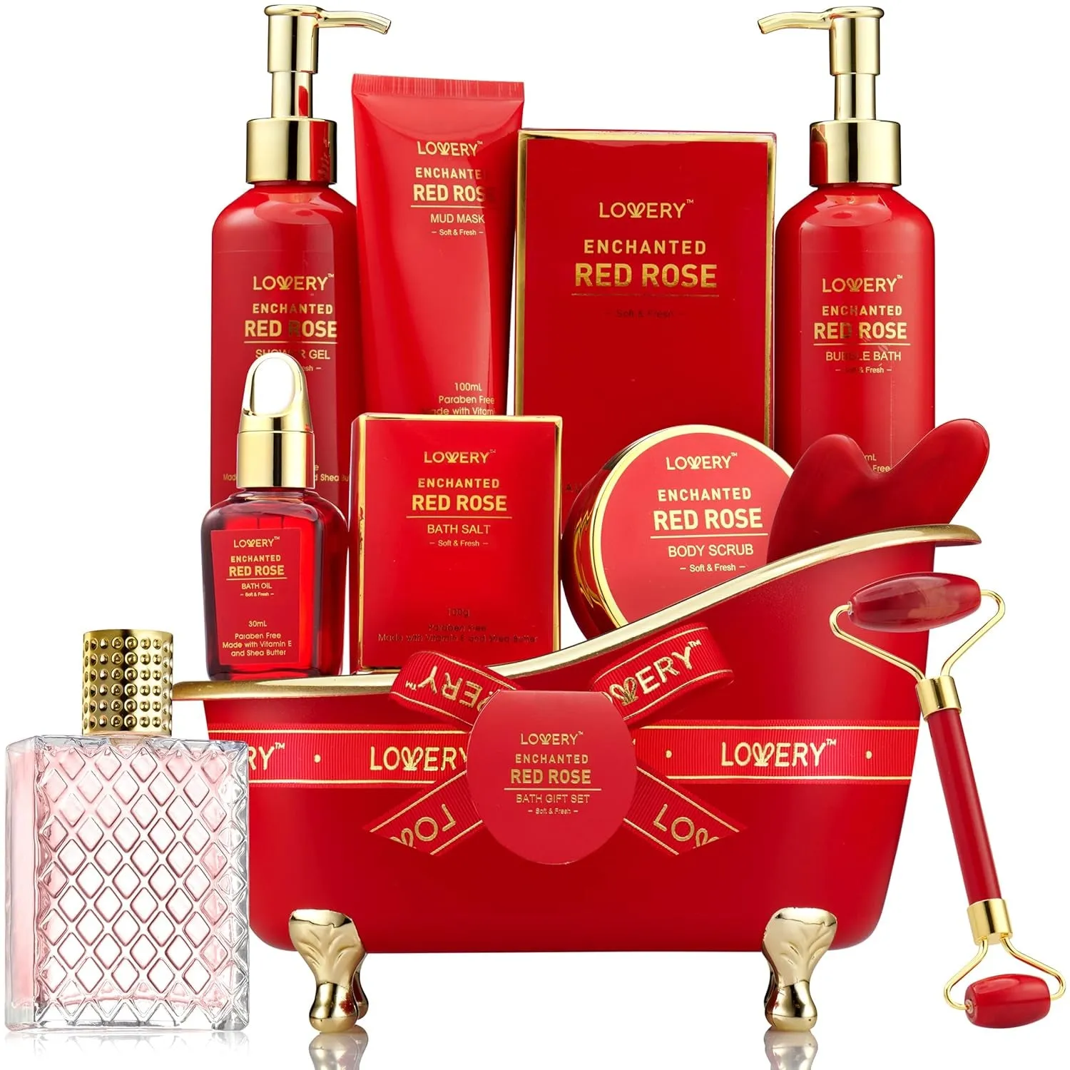 Valentines Day Gifts for Her, Red Rose Valentine Spa Gift Basket Relaxation Gifts for Women, Bath and Body Gift Set Pampering for Mom Birthday with Perfume, Jade Roller, Quartz Gua Sha Stone & More