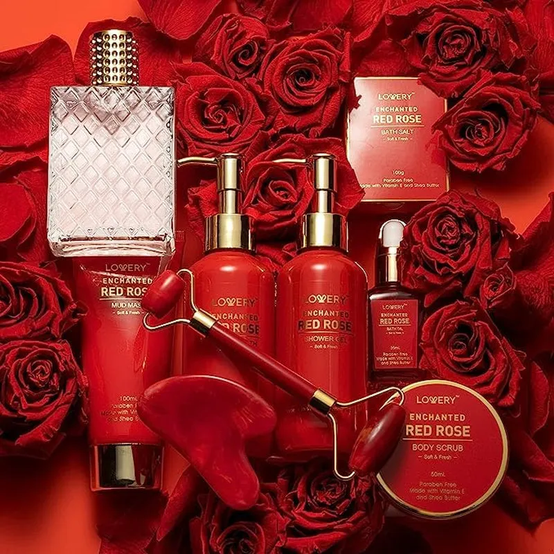 Valentines Day Gifts for Her, Red Rose Valentine Spa Gift Basket Relaxation Gifts for Women, Bath and Body Gift Set Pampering for Mom Birthday with Perfume, Jade Roller, Quartz Gua Sha Stone & More