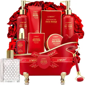 Valentines Day Gifts for Her, Red Rose Valentine Spa Gift Basket Relaxation Gifts for Women, Bath and Body Gift Set Pampering for Mom Birthday with Perfume, Jade Roller, Quartz Gua Sha Stone & More