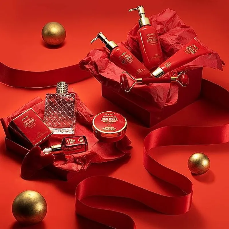 Valentines Day Gifts for Her, Red Rose Valentine Spa Gift Basket Relaxation Gifts for Women, Bath and Body Gift Set Pampering for Mom Birthday with Perfume, Jade Roller, Quartz Gua Sha Stone & More