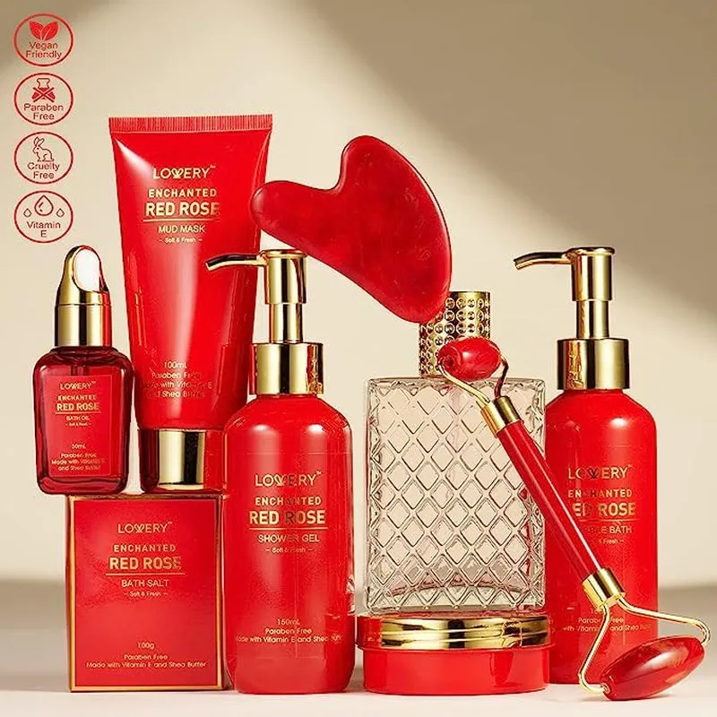 Valentines Day Gifts for Her, Red Rose Valentine Spa Gift Basket Relaxation Gifts for Women, Bath and Body Gift Set Pampering for Mom Birthday with Perfume, Jade Roller, Quartz Gua Sha Stone & More