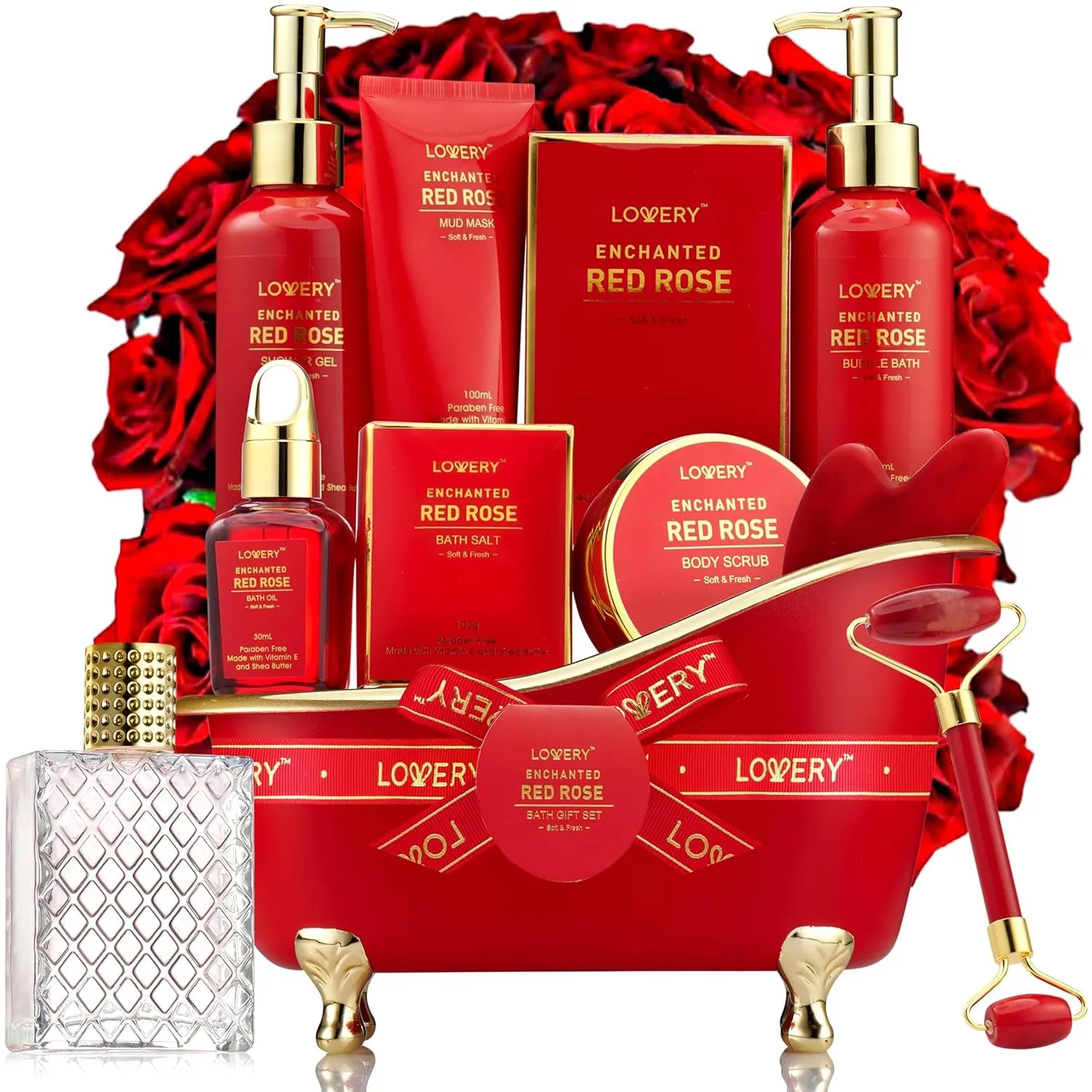 Valentines Day Gifts for Her, Red Rose Valentine Spa Gift Basket Relaxation Gifts for Women, Bath and Body Gift Set Pampering for Mom Birthday with Perfume, Jade Roller, Quartz Gua Sha Stone & More