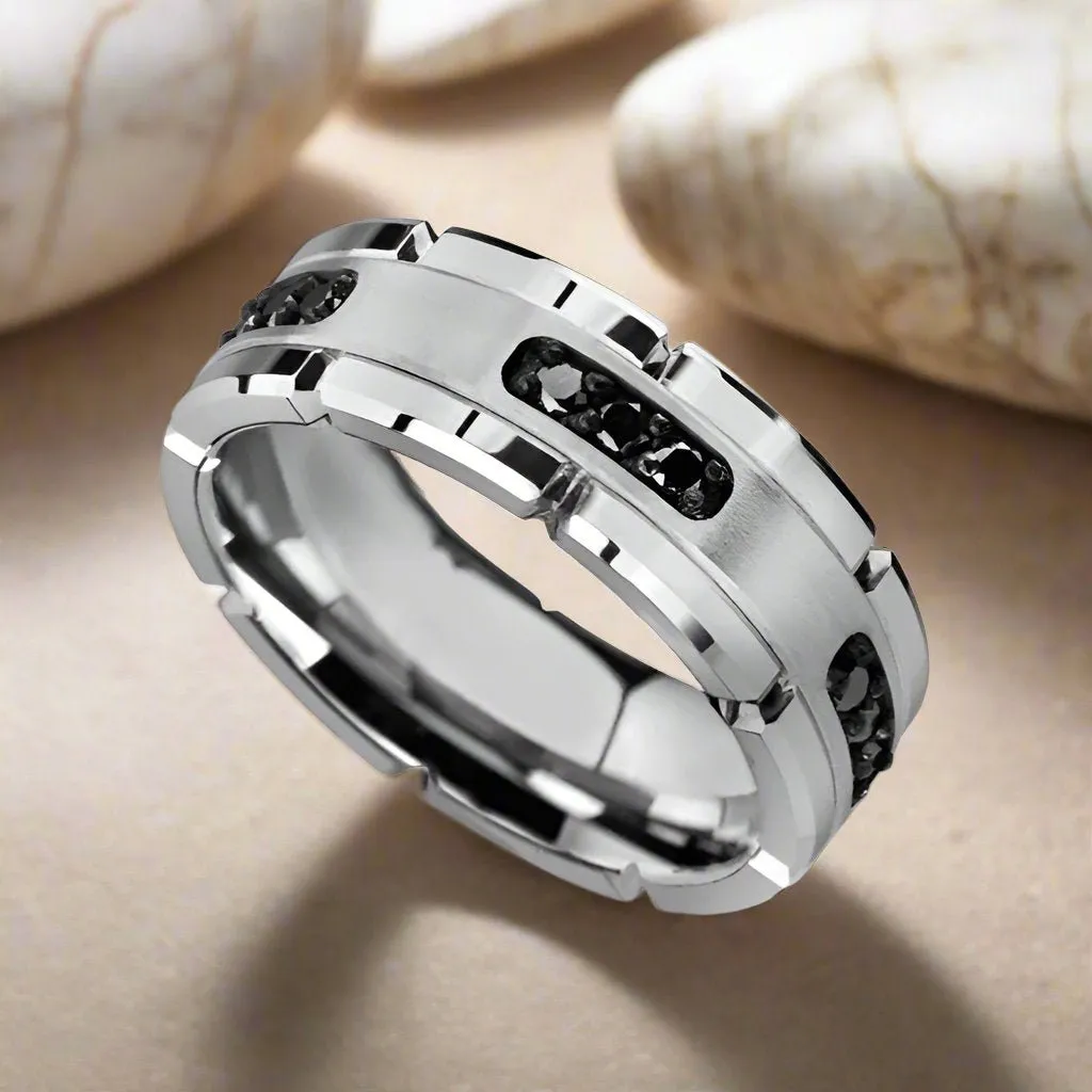 VALOR | Silver Tungsten Ring, Silver Inlay & Black Diamonds