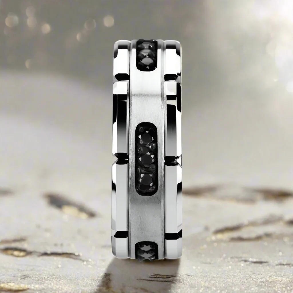 VALOR | Silver Tungsten Ring, Silver Inlay & Black Diamonds