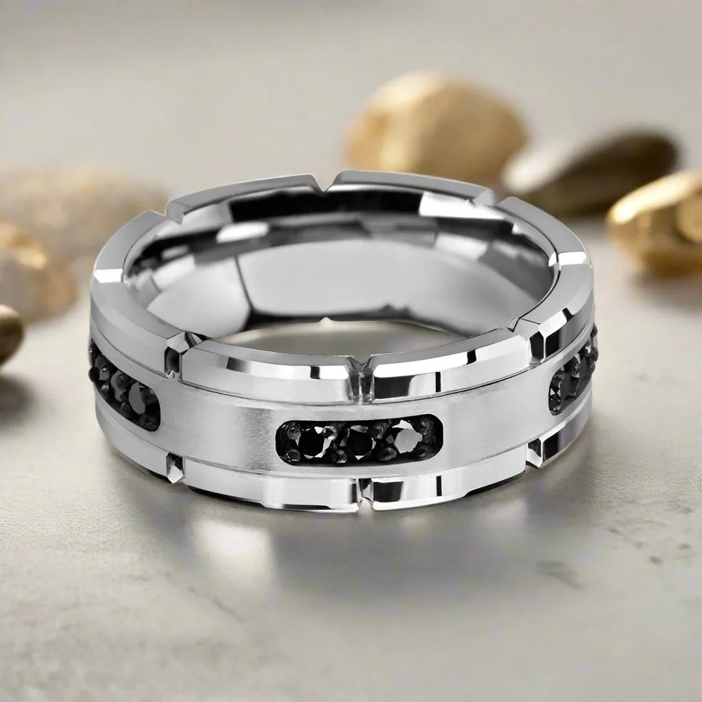VALOR | Silver Tungsten Ring, Silver Inlay & Black Diamonds