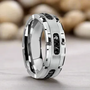 VALOR | Silver Tungsten Ring, Silver Inlay & Black Diamonds
