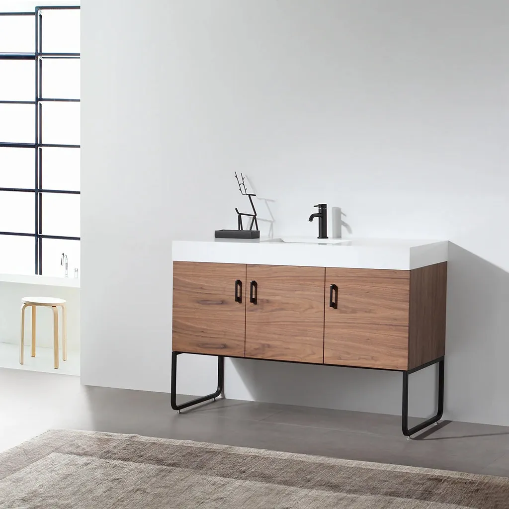 Veemon 3 Doors Bathroom Vanity with Quartz Sink - Floor Mount - 48" Wood/Metal/Walnut/Black