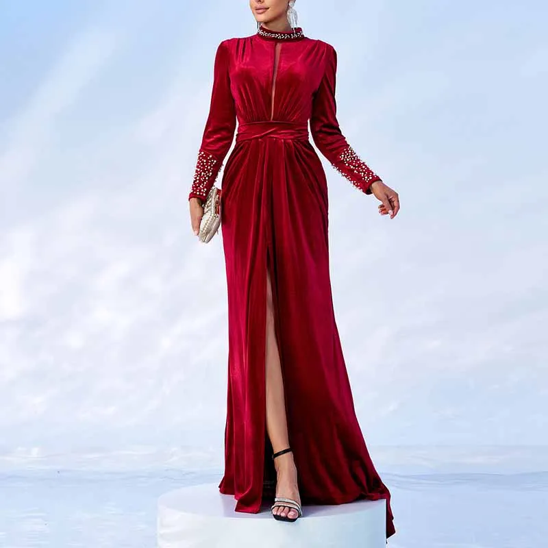 Velvet Prom Dress Wine Red Split Long Evening Dress Wedding Party Cocktail Dress