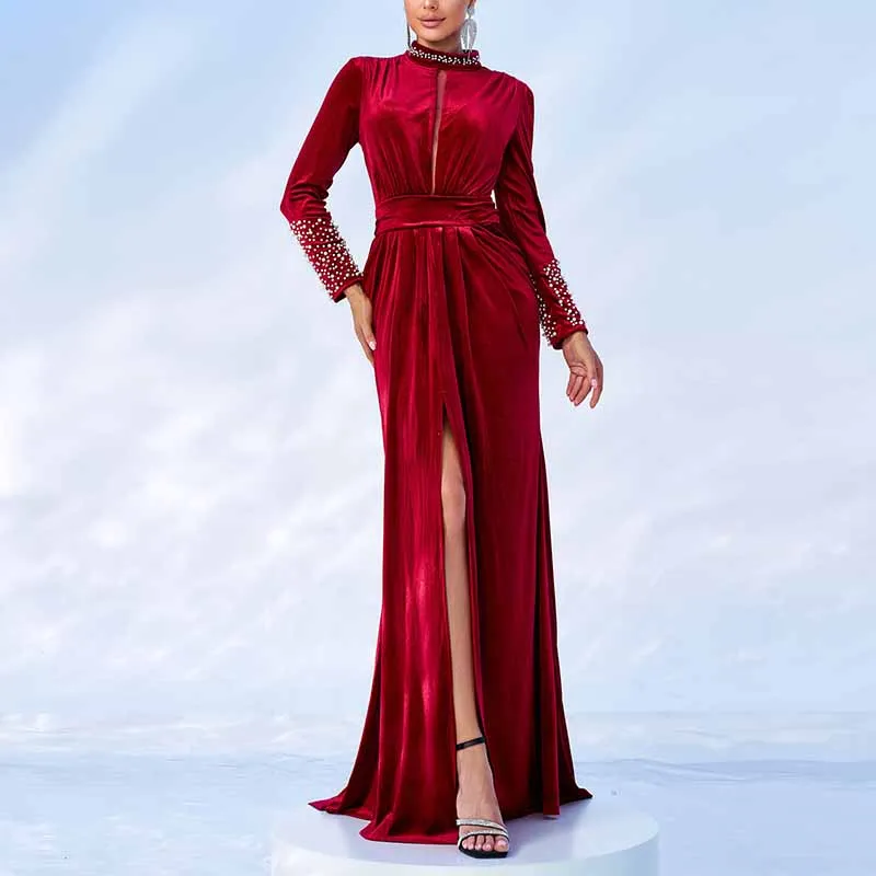 Velvet Prom Dress Wine Red Split Long Evening Dress Wedding Party Cocktail Dress
