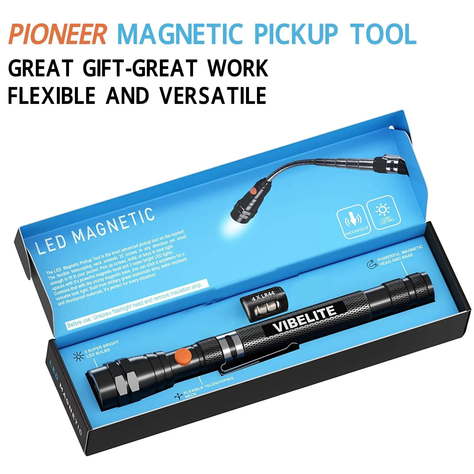 VIBELITE Extendable Magnetic Flashlight with Telescoping Magnet Pickup Tool-Cool Gadget Valentines Day Gifts for Him, Men, Husband, Dad, Father, Mechanic,Tech,Handyman, Boyfriend, Women