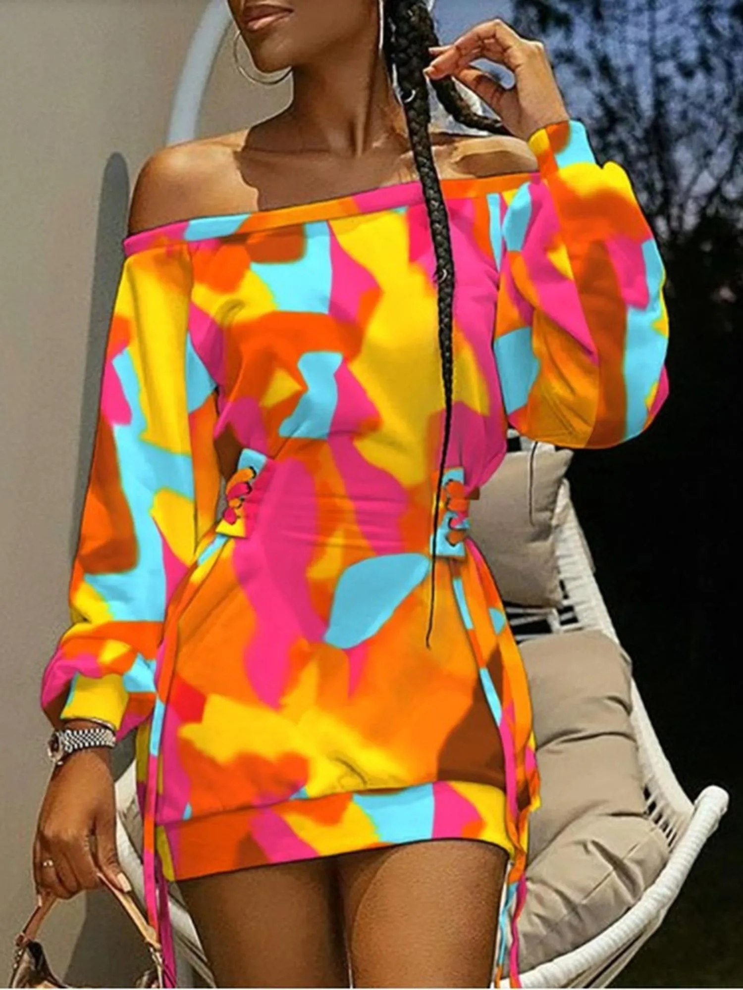 Vibrant Harmony Off Shoulder Dress