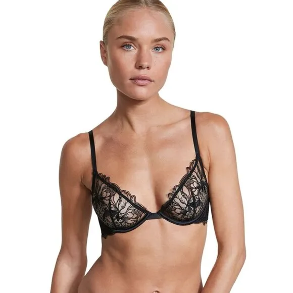 Victoria’s Secret Very Sexy Black Embroidered Unlined Demi Bra | Size 38DD / 38E