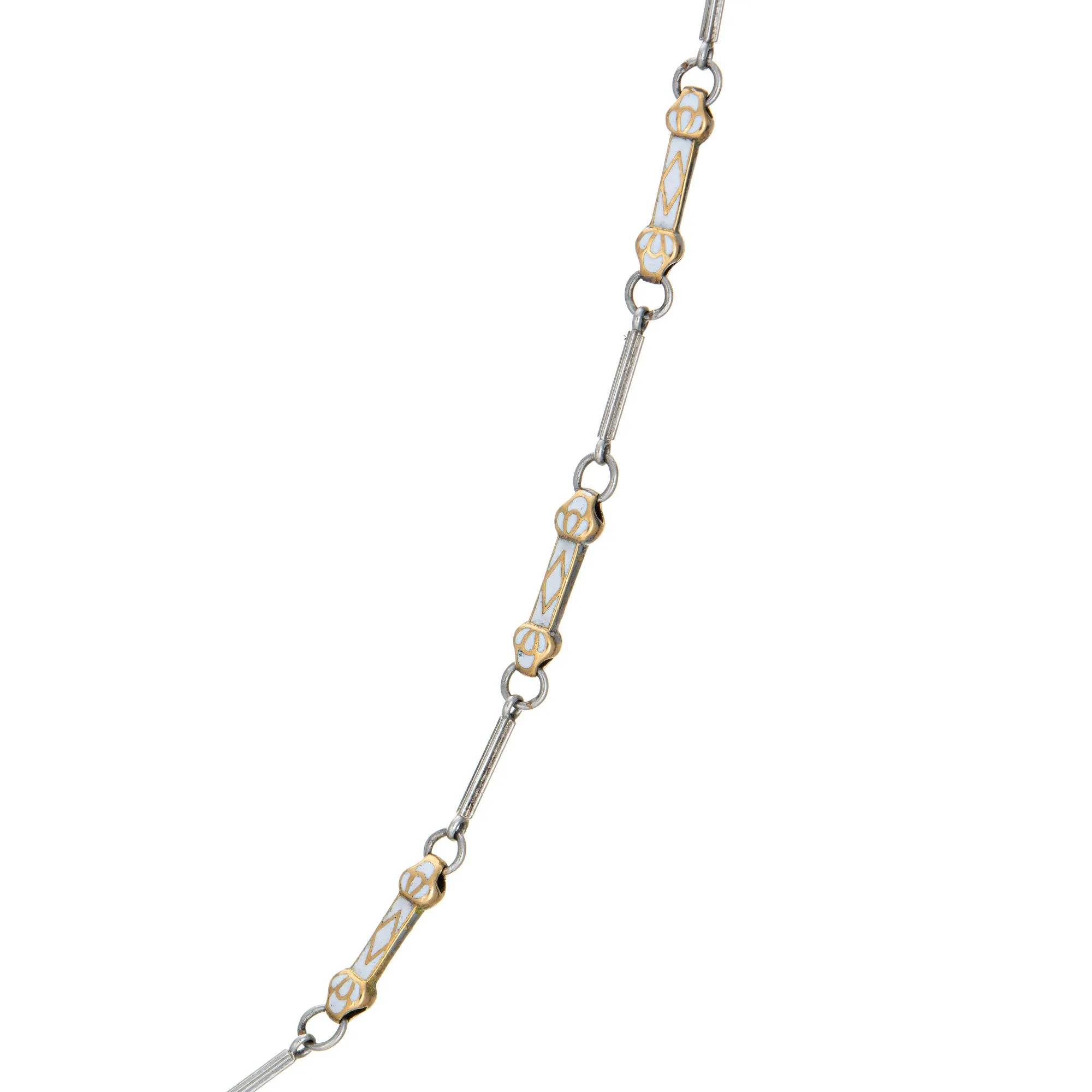 Vintage Art Deco White Enamel Necklace Platinum Fob Chain 15" Inch Jewelry