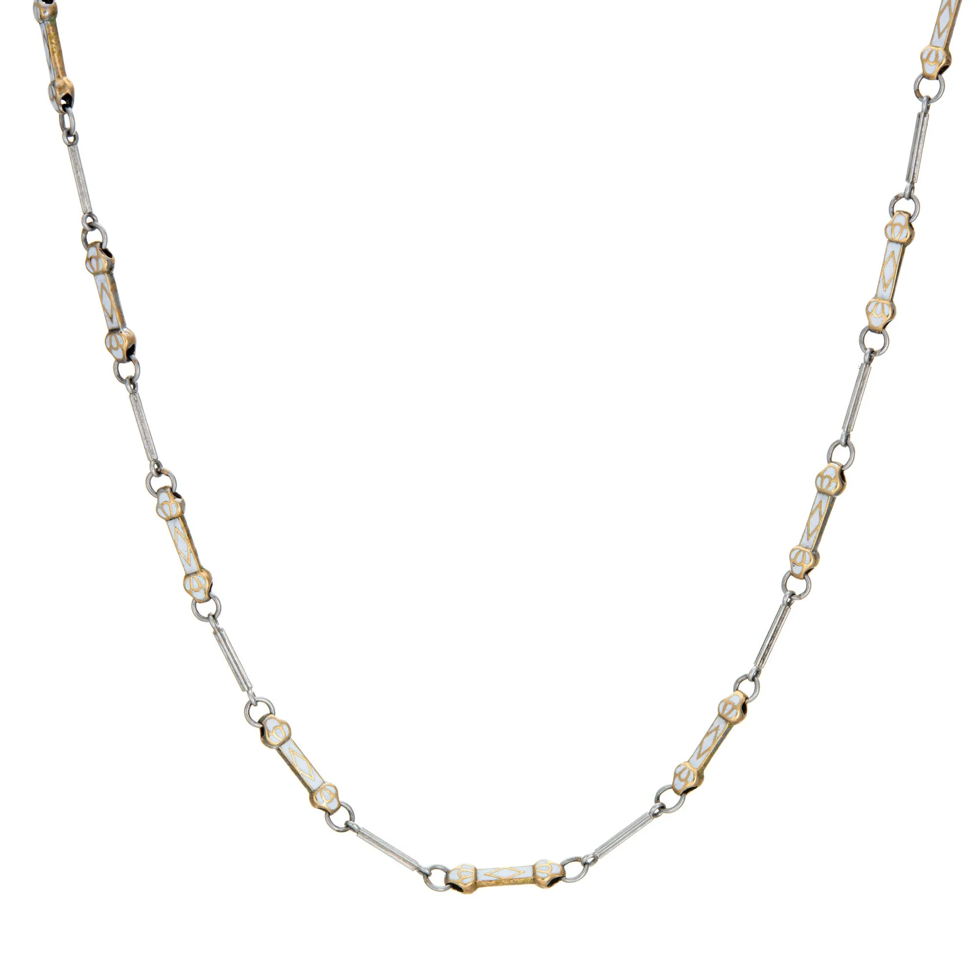 Vintage Art Deco White Enamel Necklace Platinum Fob Chain 15" Inch Jewelry