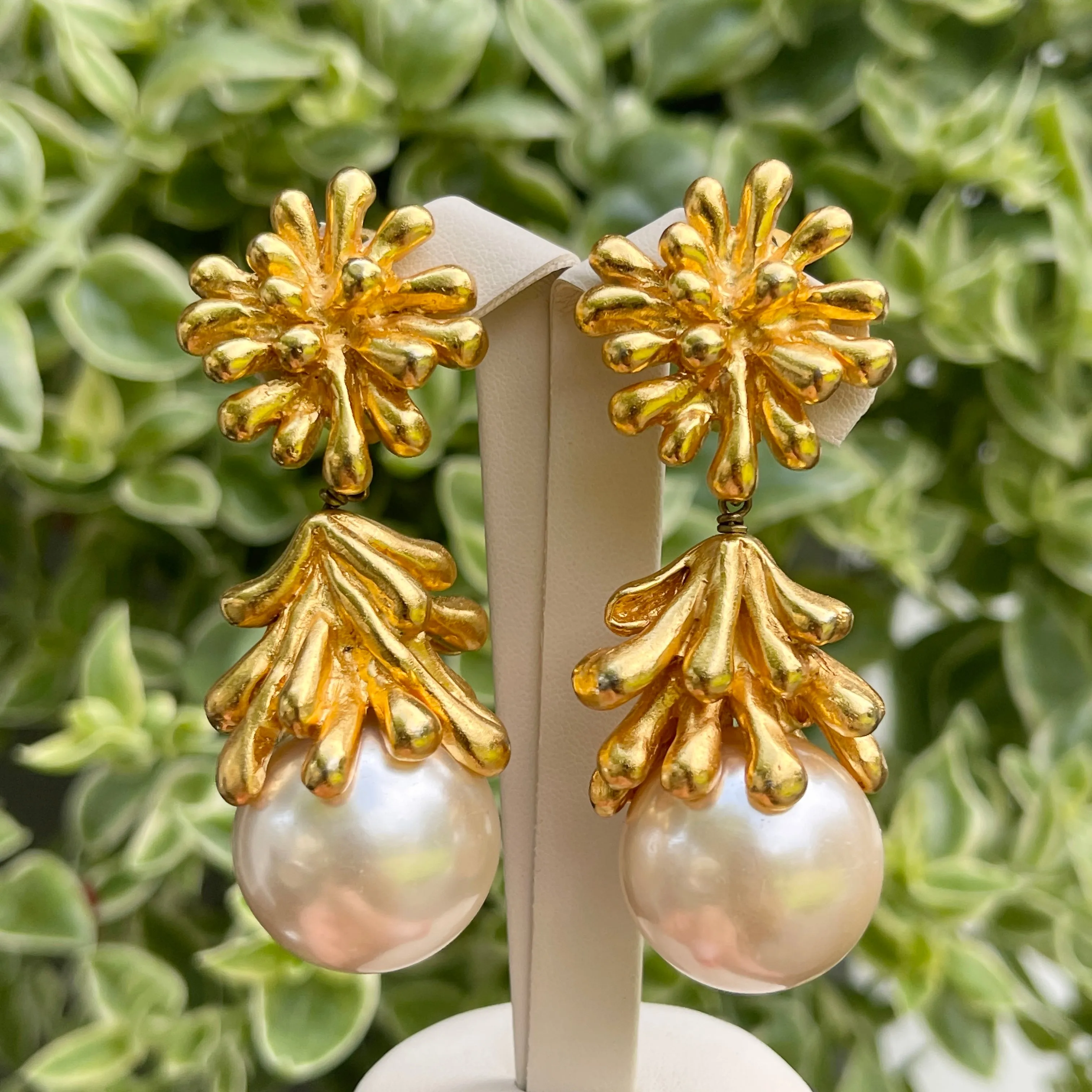 Vintage Christian Lacroix Gold-Tone Sea Anemone Large Pearl Drop Earrings