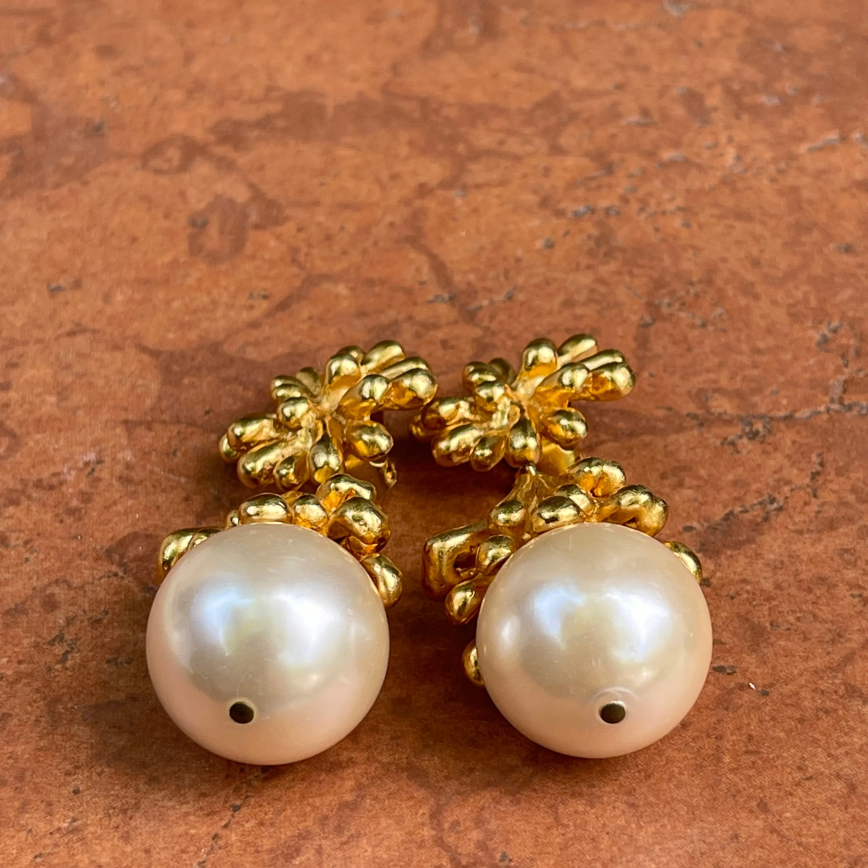 Vintage Christian Lacroix Gold-Tone Sea Anemone Large Pearl Drop Earrings