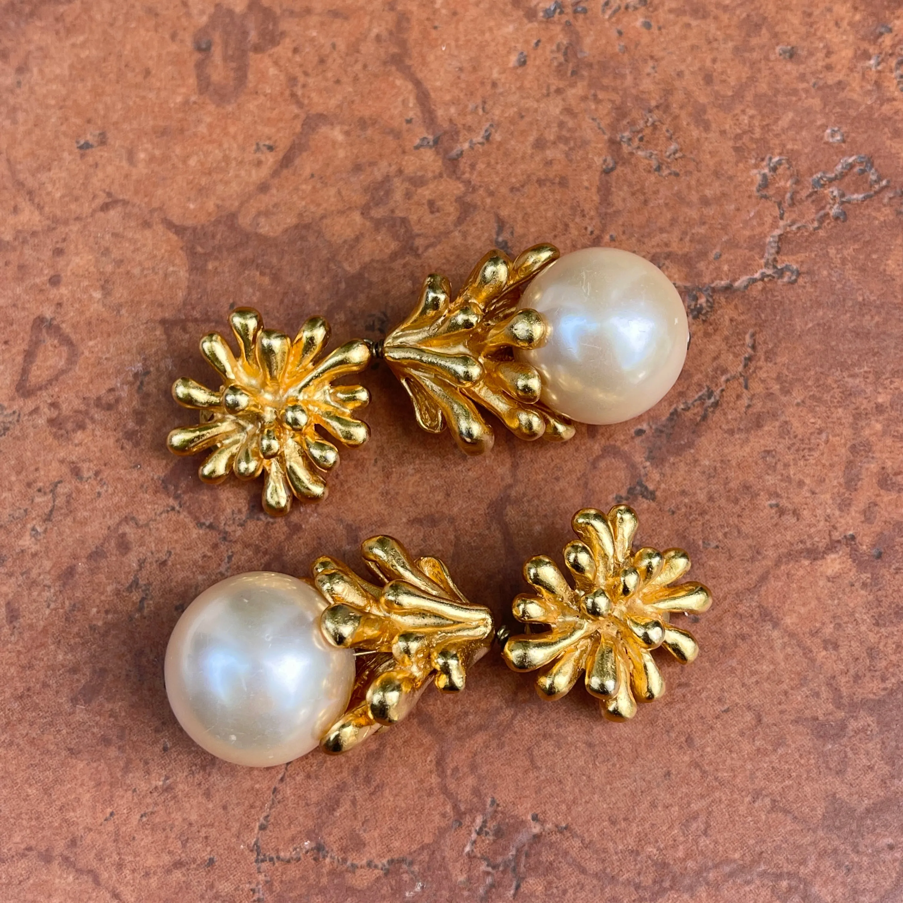 Vintage Christian Lacroix Gold-Tone Sea Anemone Large Pearl Drop Earrings