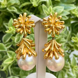 Vintage Christian Lacroix Gold-Tone Sea Anemone Large Pearl Drop Earrings