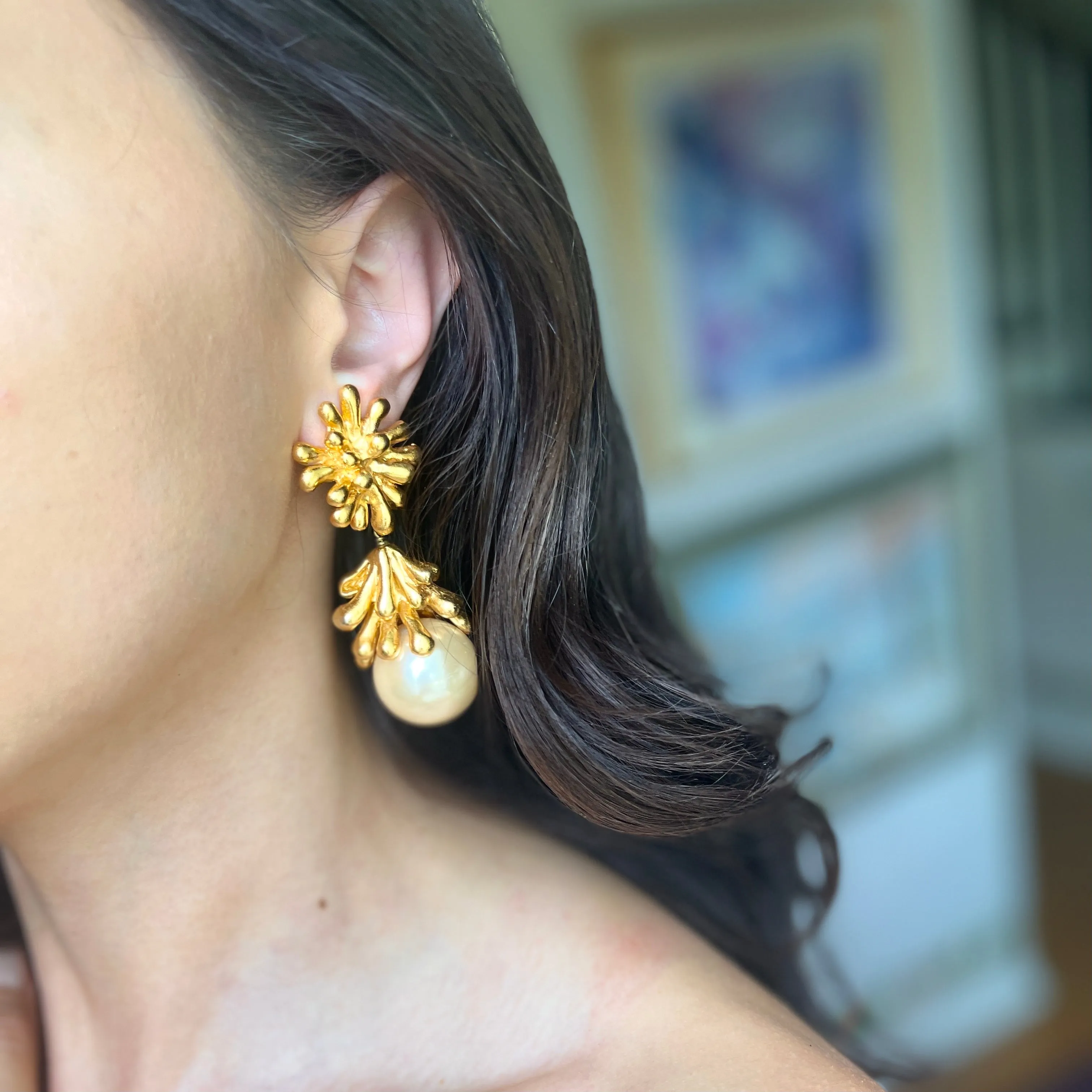 Vintage Christian Lacroix Gold-Tone Sea Anemone Large Pearl Drop Earrings