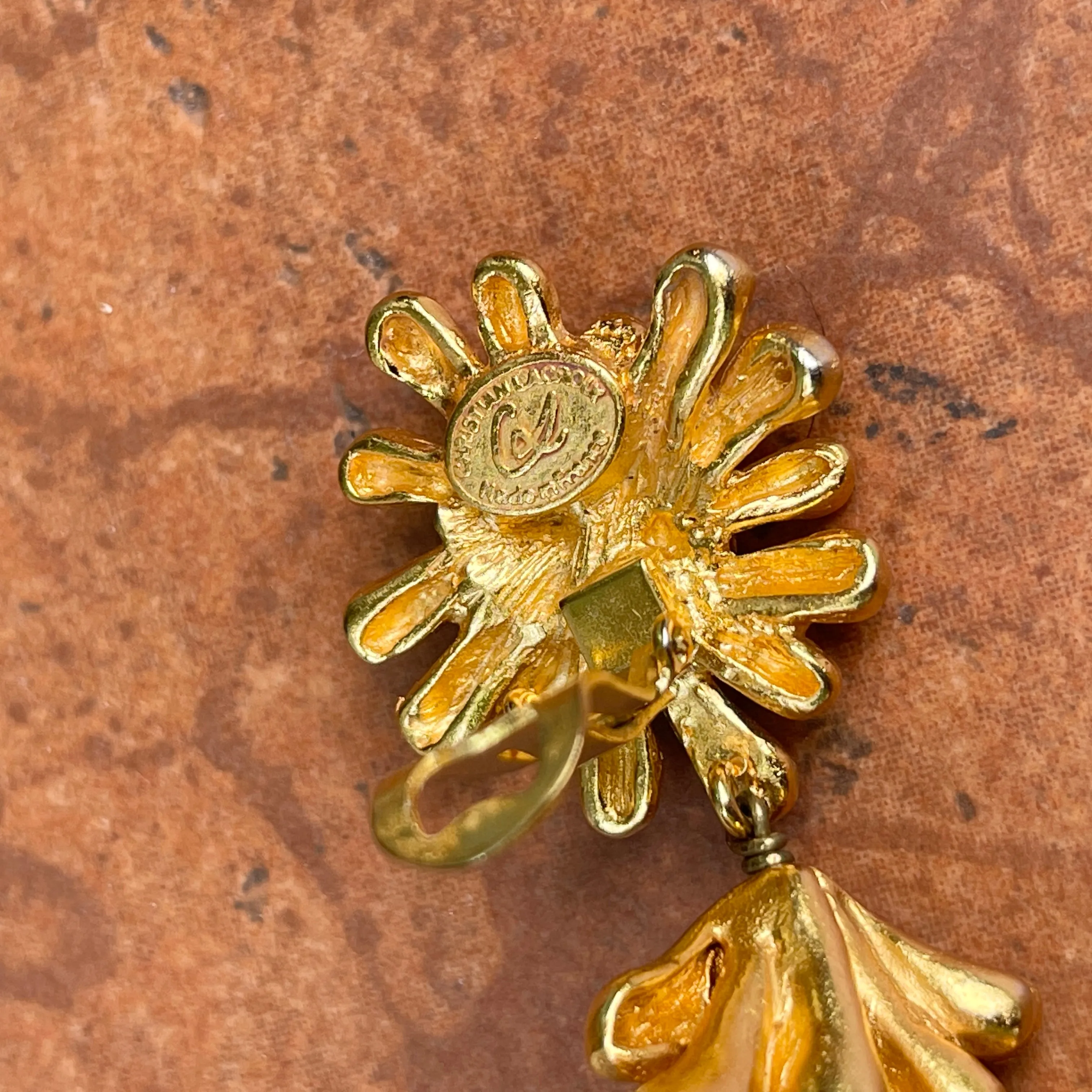 Vintage Christian Lacroix Gold-Tone Sea Anemone Large Pearl Drop Earrings