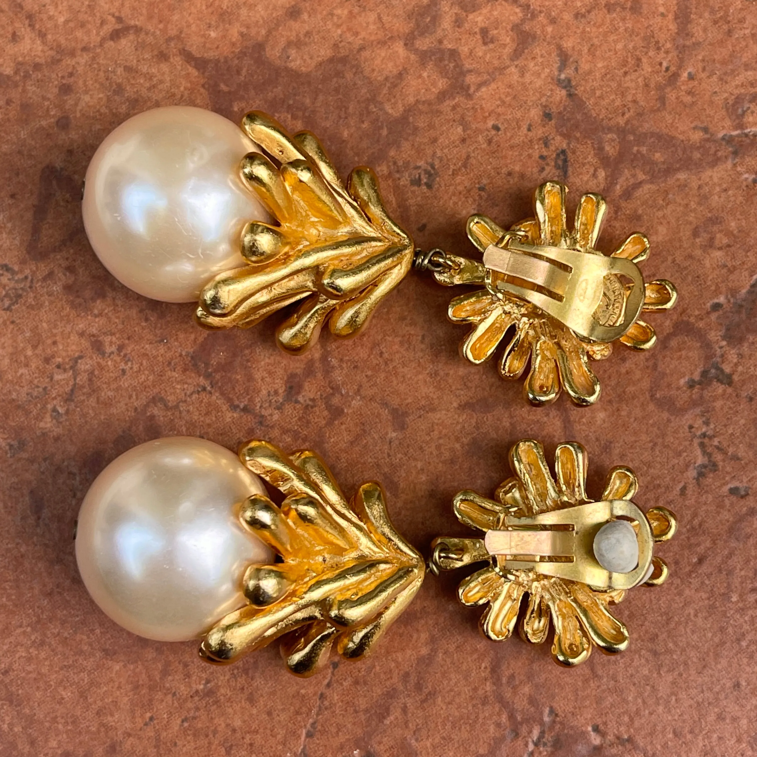 Vintage Christian Lacroix Gold-Tone Sea Anemone Large Pearl Drop Earrings