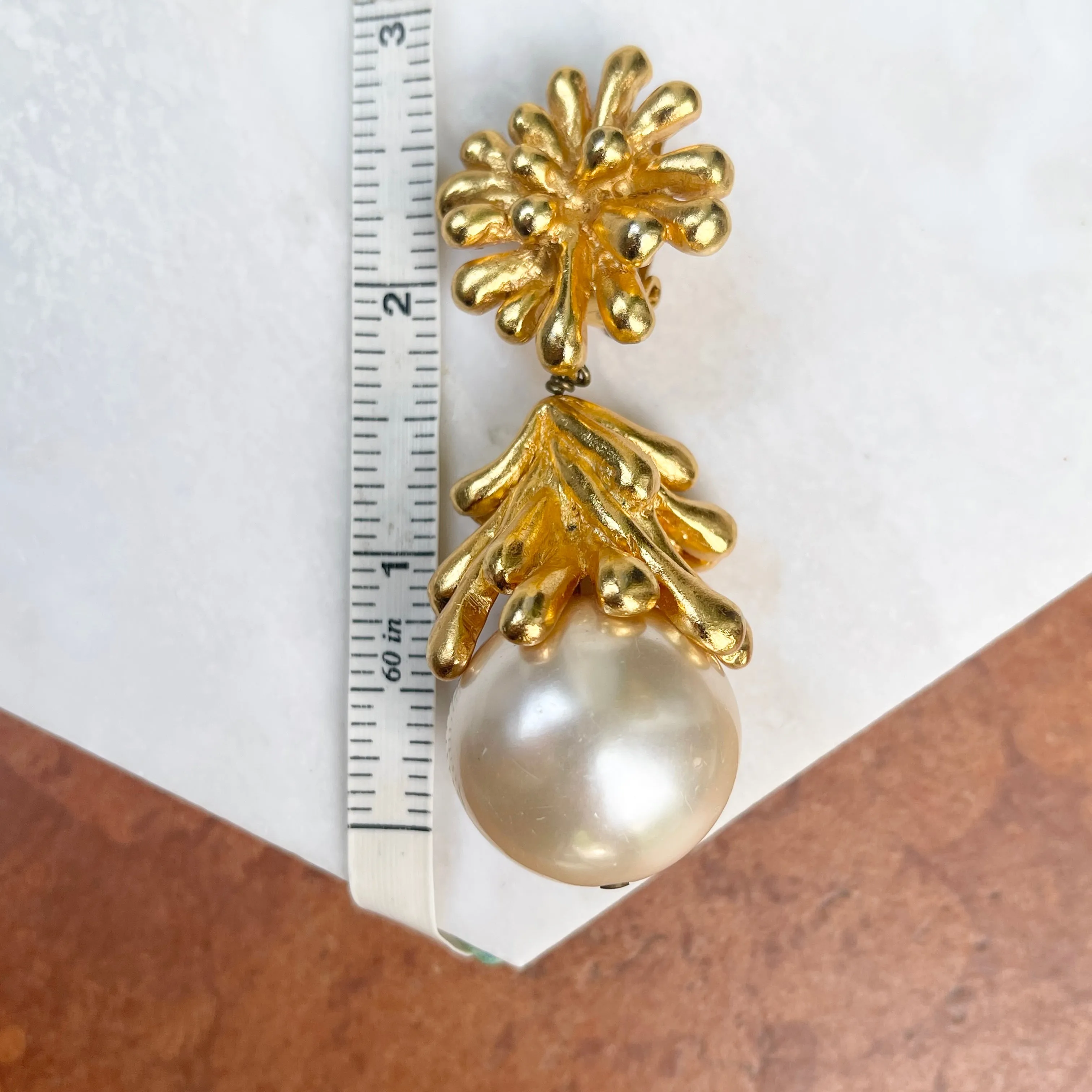 Vintage Christian Lacroix Gold-Tone Sea Anemone Large Pearl Drop Earrings