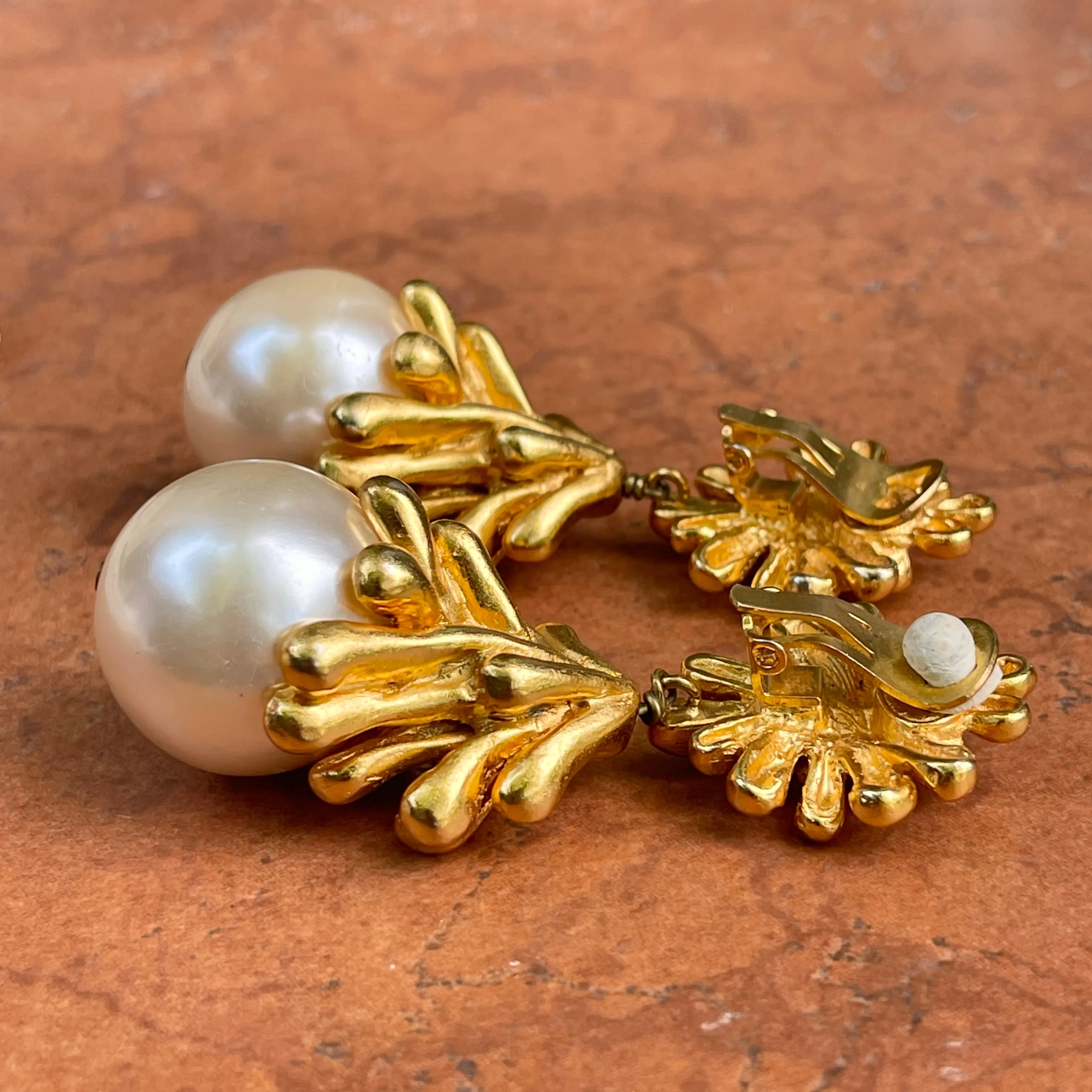 Vintage Christian Lacroix Gold-Tone Sea Anemone Large Pearl Drop Earrings