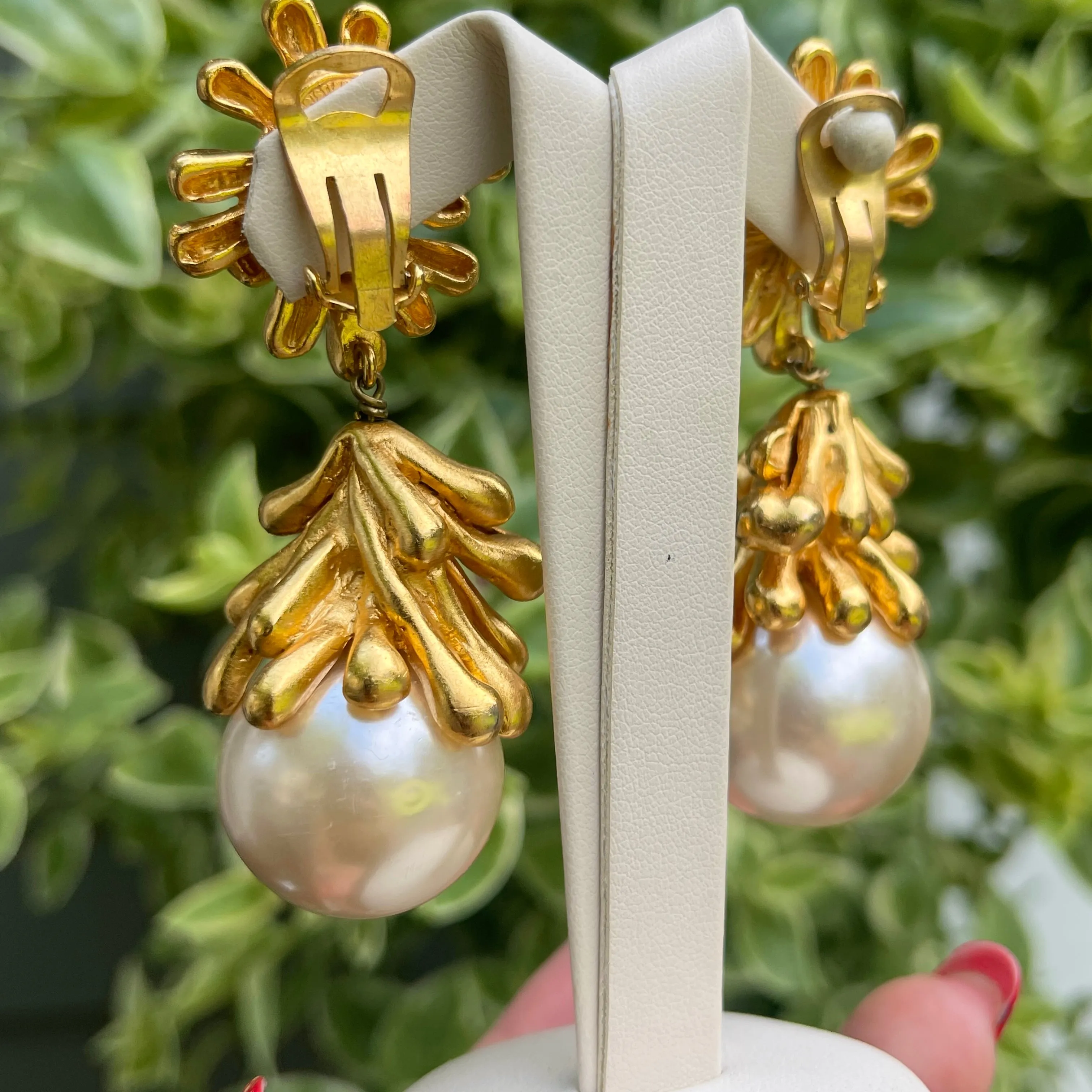 Vintage Christian Lacroix Gold-Tone Sea Anemone Large Pearl Drop Earrings