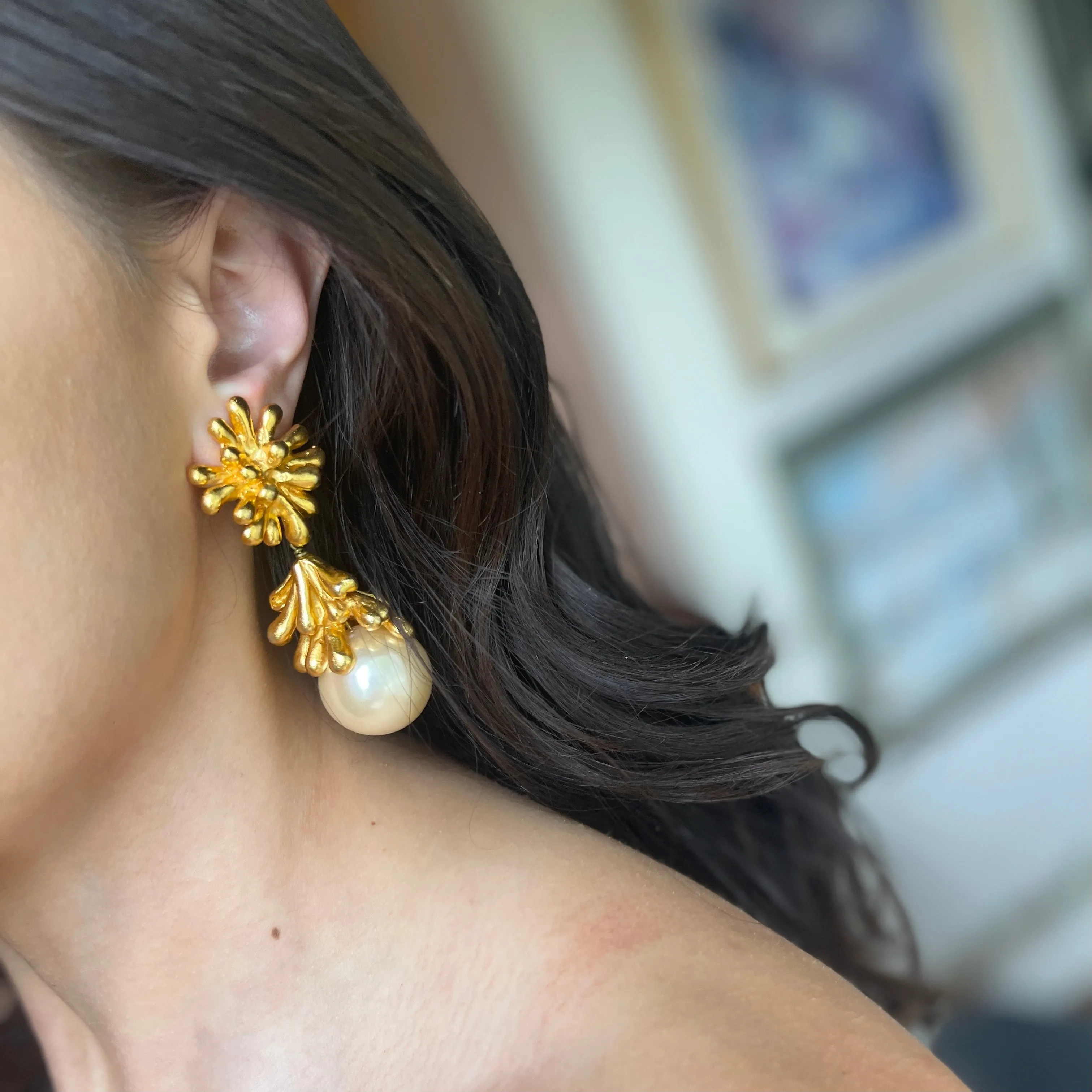 Vintage Christian Lacroix Gold-Tone Sea Anemone Large Pearl Drop Earrings