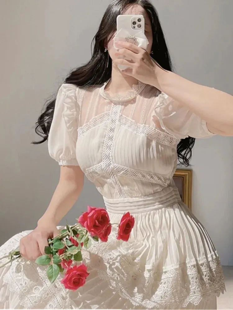 Vintage Fashion Women's Summer Dress Ladies Puff Short Sleeve O-Neck Beige Elegant Party Dress Lace Long Coattail Dress