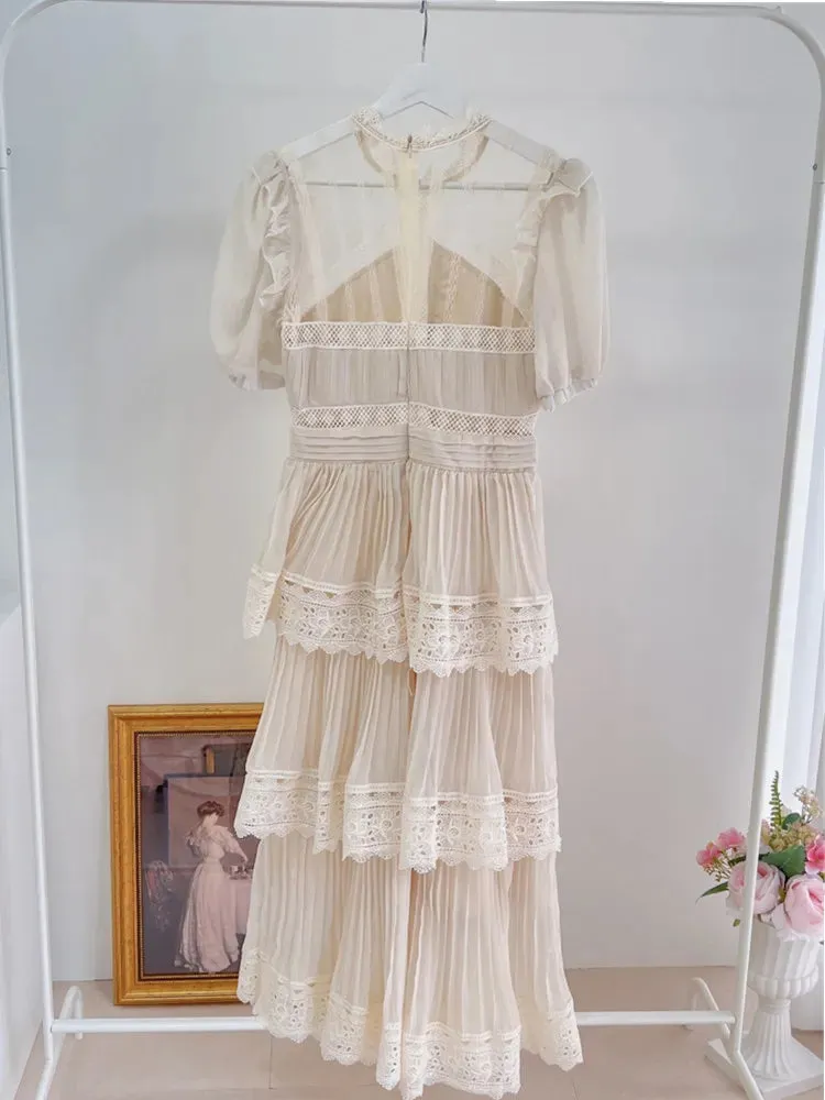 Vintage Fashion Women's Summer Dress Ladies Puff Short Sleeve O-Neck Beige Elegant Party Dress Lace Long Coattail Dress