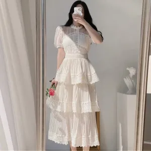 Vintage Fashion Women's Summer Dress Ladies Puff Short Sleeve O-Neck Beige Elegant Party Dress Lace Long Coattail Dress