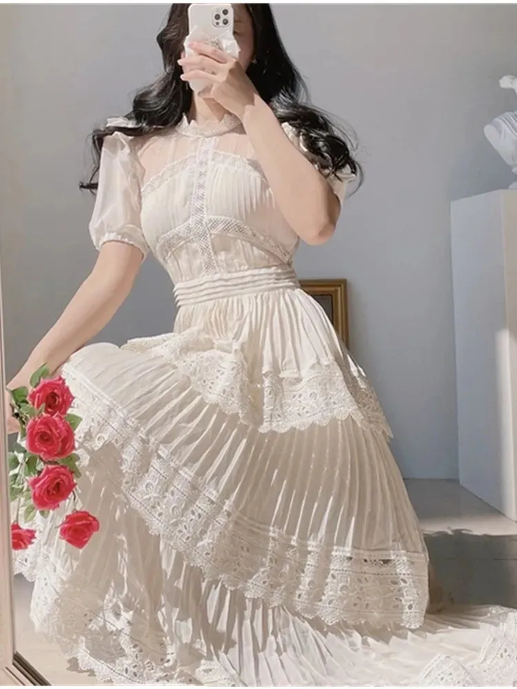 Vintage Fashion Women's Summer Dress Ladies Puff Short Sleeve O-Neck Beige Elegant Party Dress Lace Long Coattail Dress
