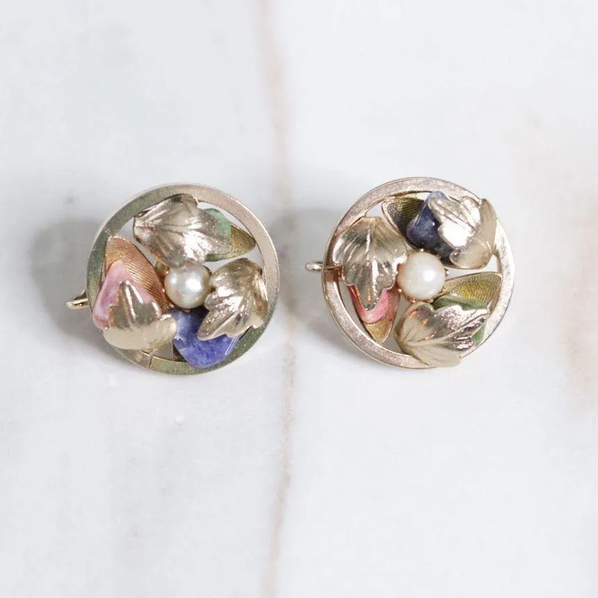 Vintage Sarah Coventry Gold Leaf with Pink Quartz, Lapis, and Jade Statement Earrings
