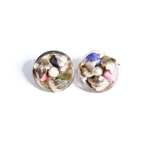 Vintage Sarah Coventry Gold Leaf with Pink Quartz, Lapis, and Jade Statement Earrings