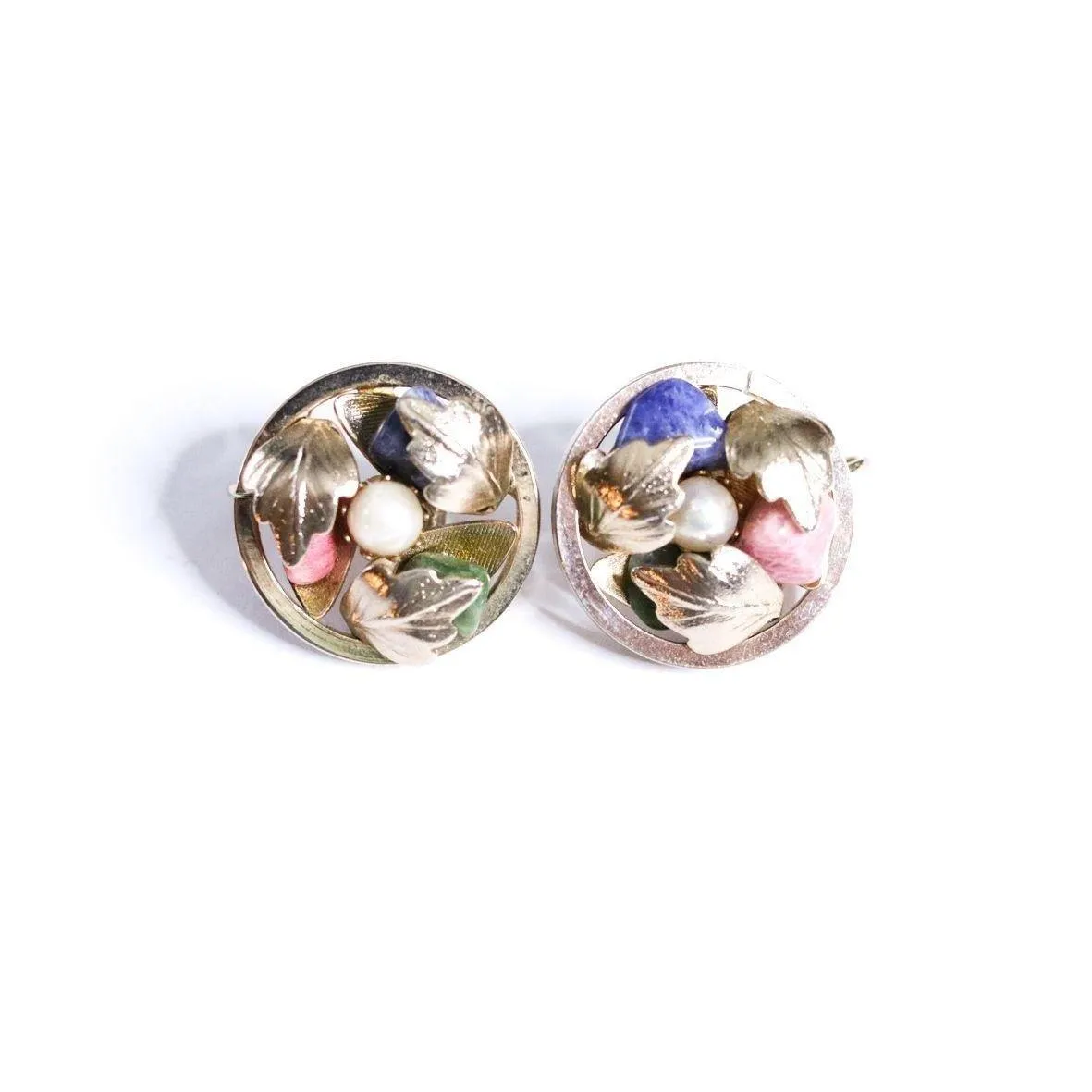 Vintage Sarah Coventry Gold Leaf with Pink Quartz, Lapis, and Jade Statement Earrings