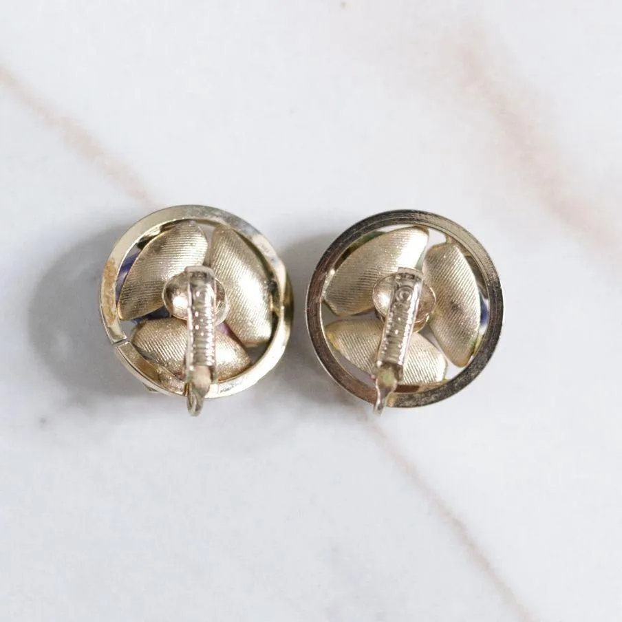 Vintage Sarah Coventry Gold Leaf with Pink Quartz, Lapis, and Jade Statement Earrings